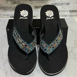 Yellow Box Black Sandals with Multicolor Turquoise Beading